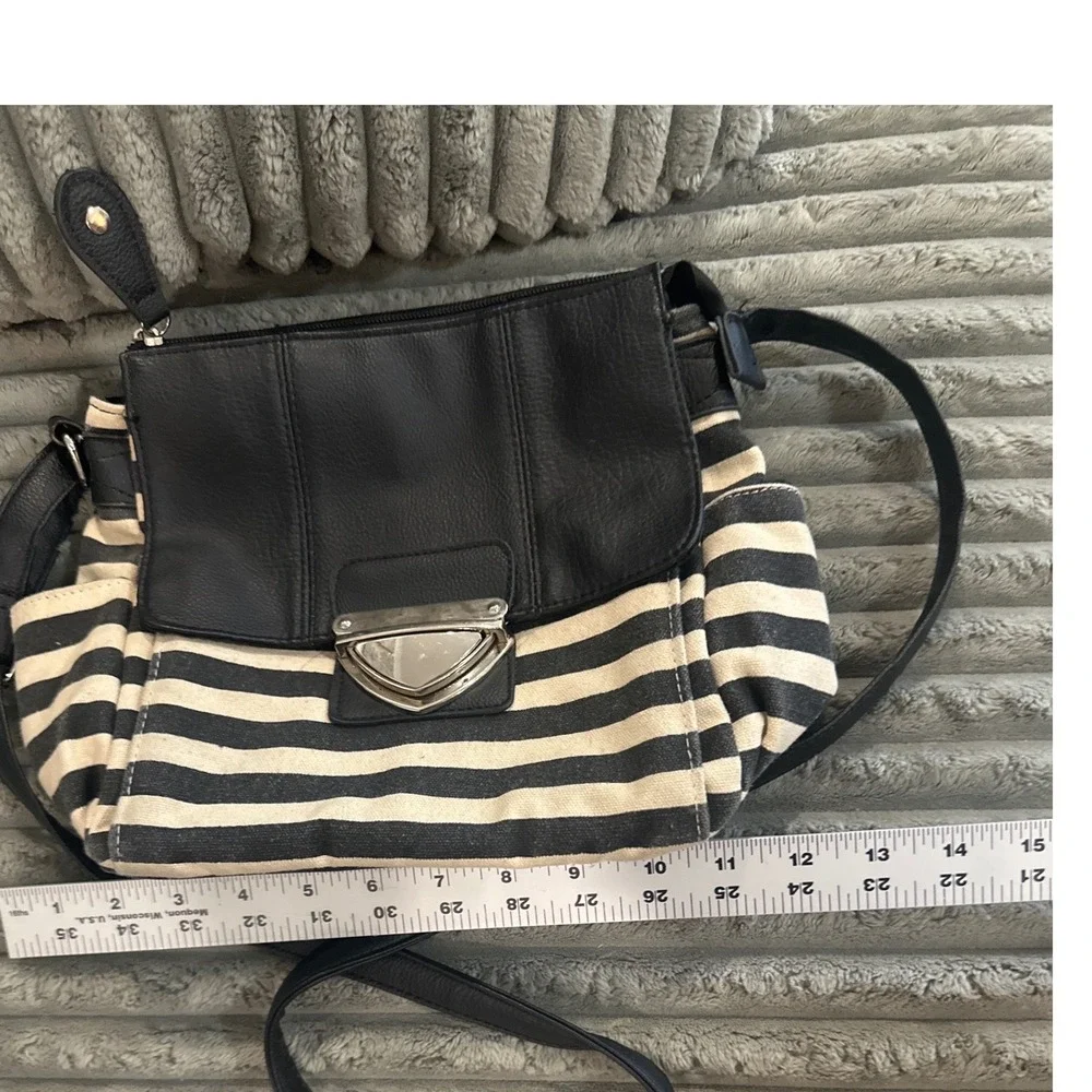 Bueno Black White Striped Canvas Faux Leather Crossbody Bag Silver Push Lock